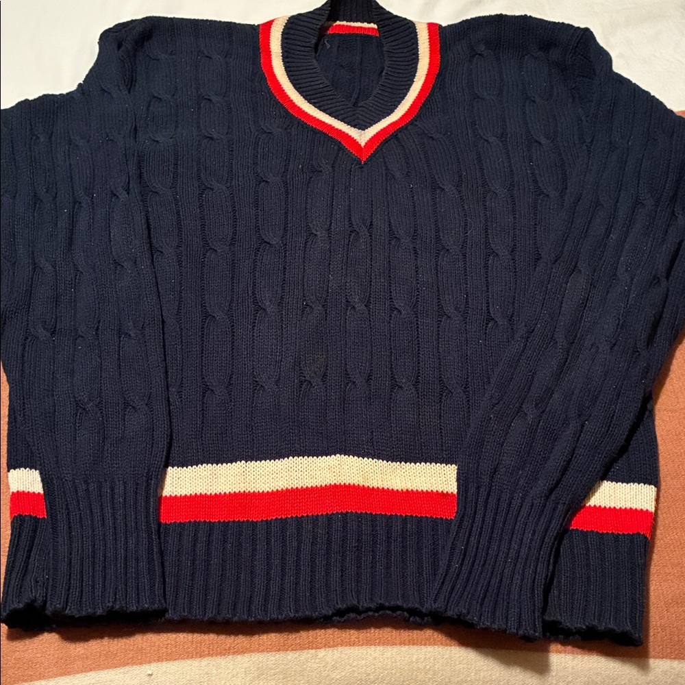 Navy Cable Knit Sweater with Red and White Accents